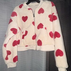 No Boundaries White and Red Heart Puffer Jacket